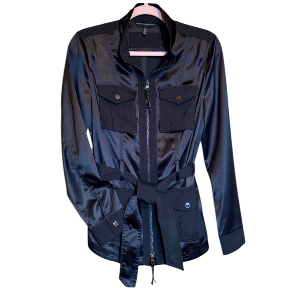 WHBM Satiny Shirt Zipper Front Two Tone Black Office or Night Out Size 4
